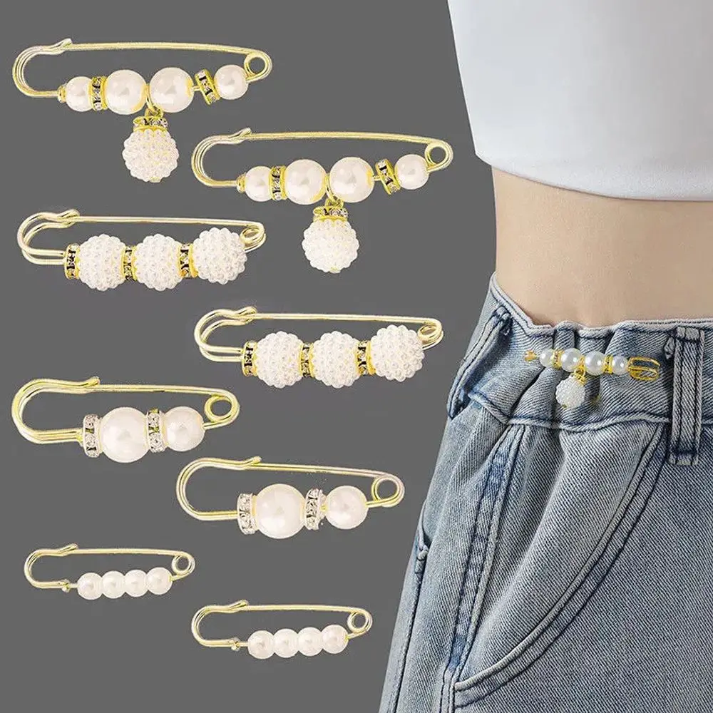 

2/4/6/8PCS/Set Waistband Pin Accessories Scarf Buckle Pearls Crystal Brooch Waist Tighting Clap Anti Exposed Safty Pins