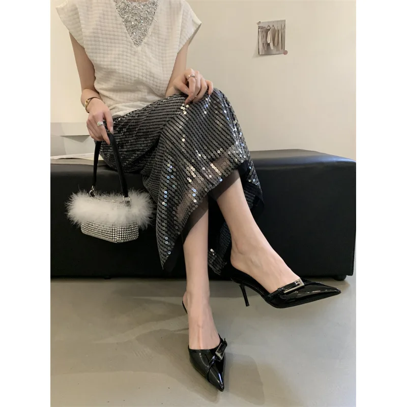 Женская обувь с острым носком на тонком каблуке. Женские шлепанцы. Роскошные Мюли