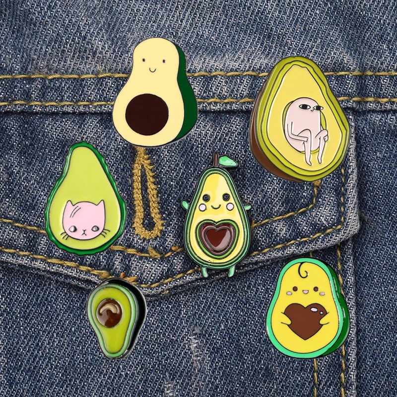 

Cartoon Avocado Enamel Pins Custom Ghost Cat Pear Fruit Brooches Bag Clothes Lapel Pin Badge Funny Plant Jewelry Gift for Friend