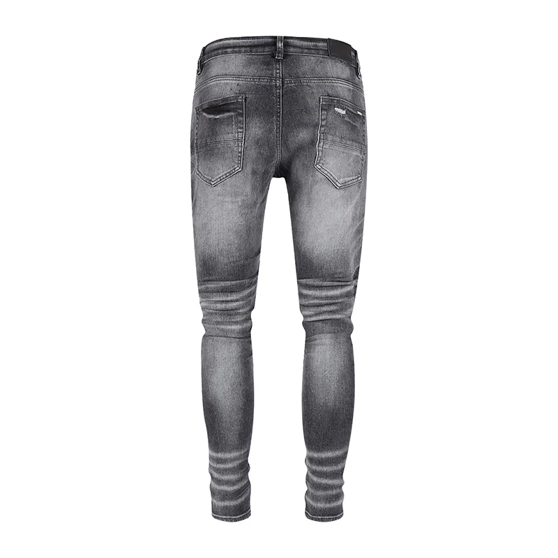 High Street Fashion Men Jeans Retro Dark Gray Stretch Skinny Ripped Jeans Men Black Leather Patched Designer Hip Hop Brand Pants