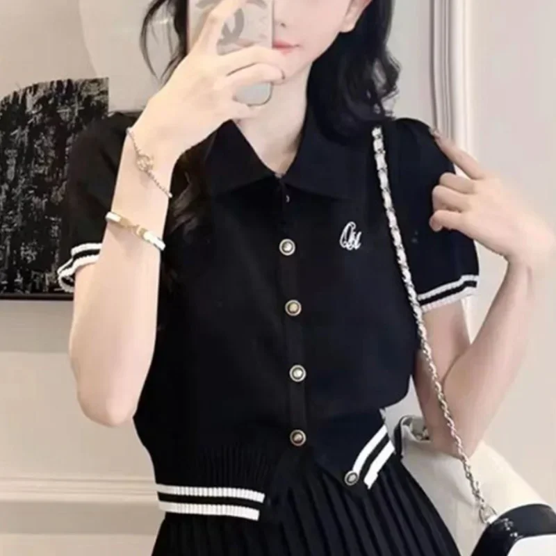 Женский летний вязаный комплект NMZM с воротником-поло юбка модный топ на