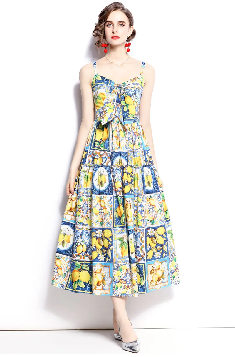 

Blue And White Porcelain Lemon Printed Bowknot Dress Strap Backless Beach Bohemia Long Party gown
