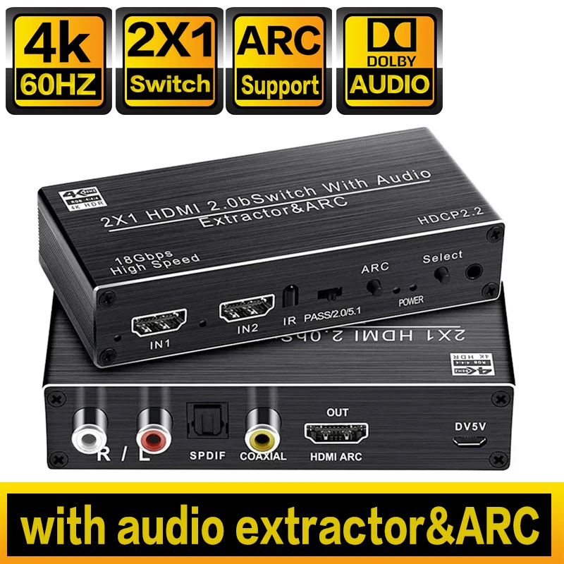 4K HDMI переключатель 2 в 1 выход аудио экстрактор с R/L + Toslink SPDIF коаксиальный ARC 2x1