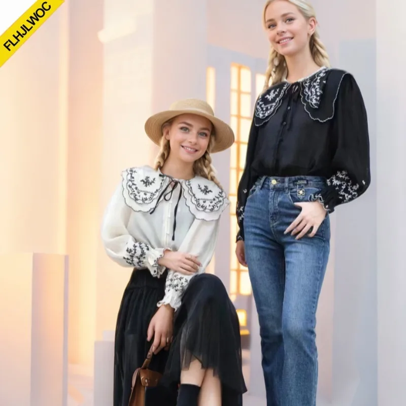 Фото Женские топы Mori Girls из Южной Кореи, милые, нежные, хлопковые, с вышивкой, в стиле преппи, винтажные, с воротником Питер Пэн, тонкие рубашки-блузки FLHJLWOC №4