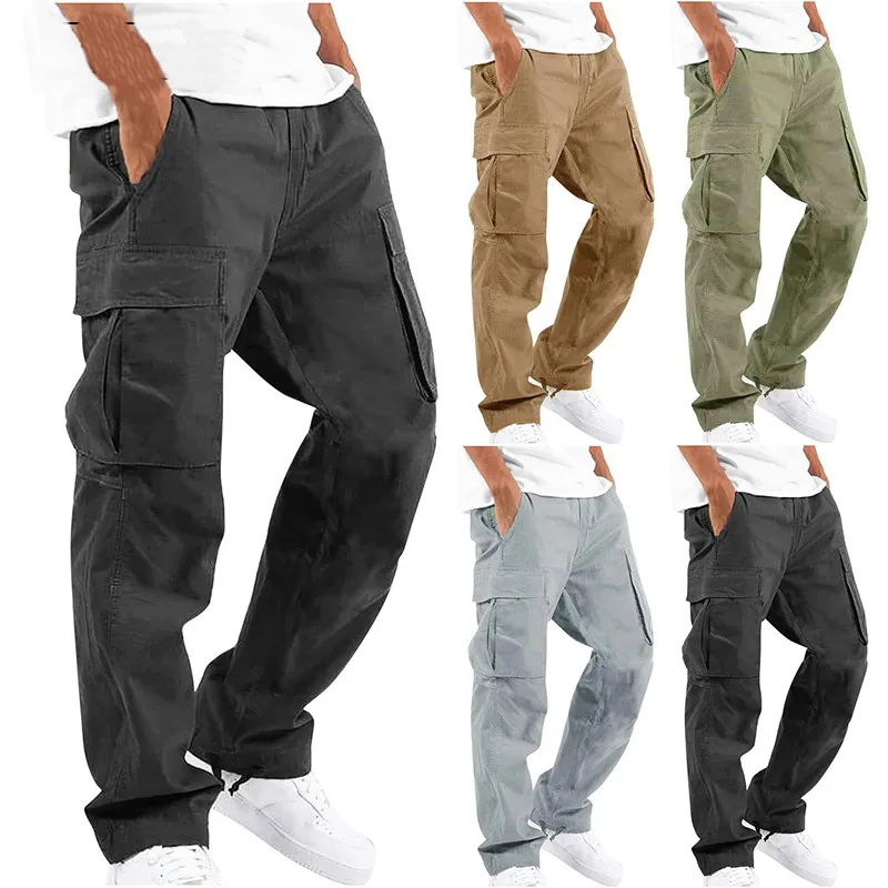 

Outdoor Mens Cargo Pants Cotton Pure Color Overalls Streetear Men Straight Trouser Pocket High Elasticity Fashion Sweatpants 5XL