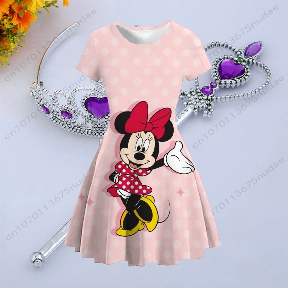 New Disney Children's Clothing Summer Casual Cartoon Cute Skirt Round Neck Short Sleeve Skirt Printed Mickey and Minnie Dress
