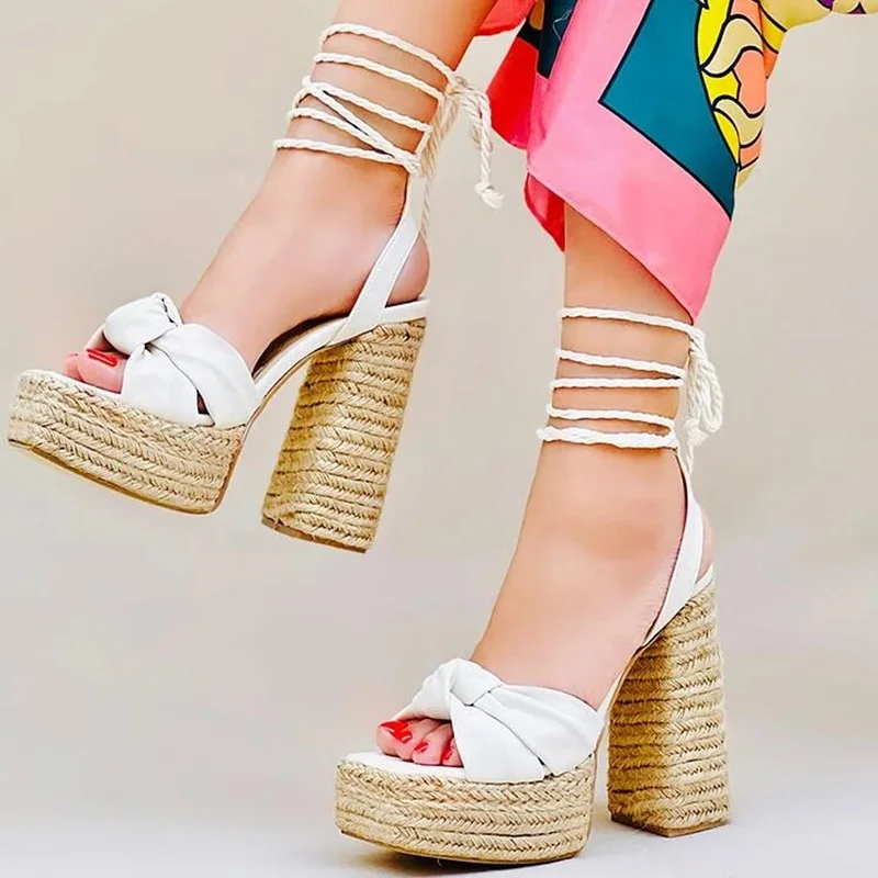 

White Bow Tie Rope Lace Up Chunky Sandals Knot Front Peep Toe Ankle Wrap Braid Weave Platform Espadrille Wedge Sandal