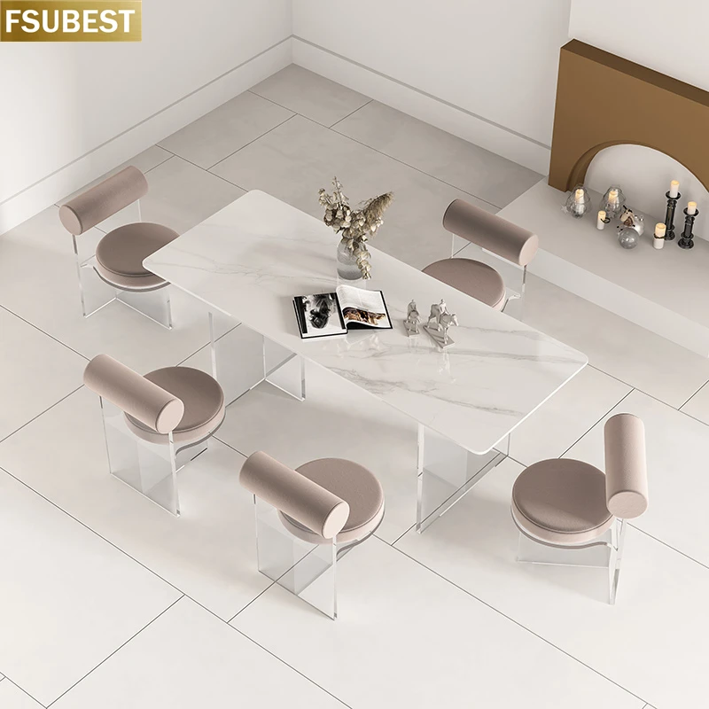 

FSUBEST Nordic White Rock Slab Dining Table Dinning Chairs Set Clear Acrylic Floating Base Dinner Tables Set Cuisine Meuble