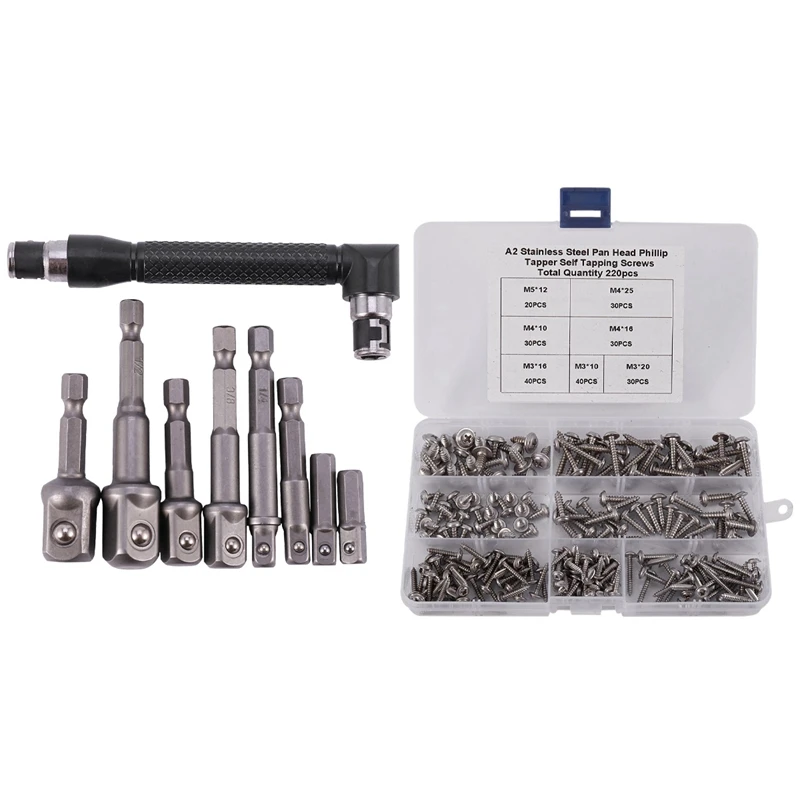 

9Pcs Extension Socket Adapter Impact Hex Shank Screwdriver Bar Set With 220Pcs Round Head Self Tapping Wood Screw