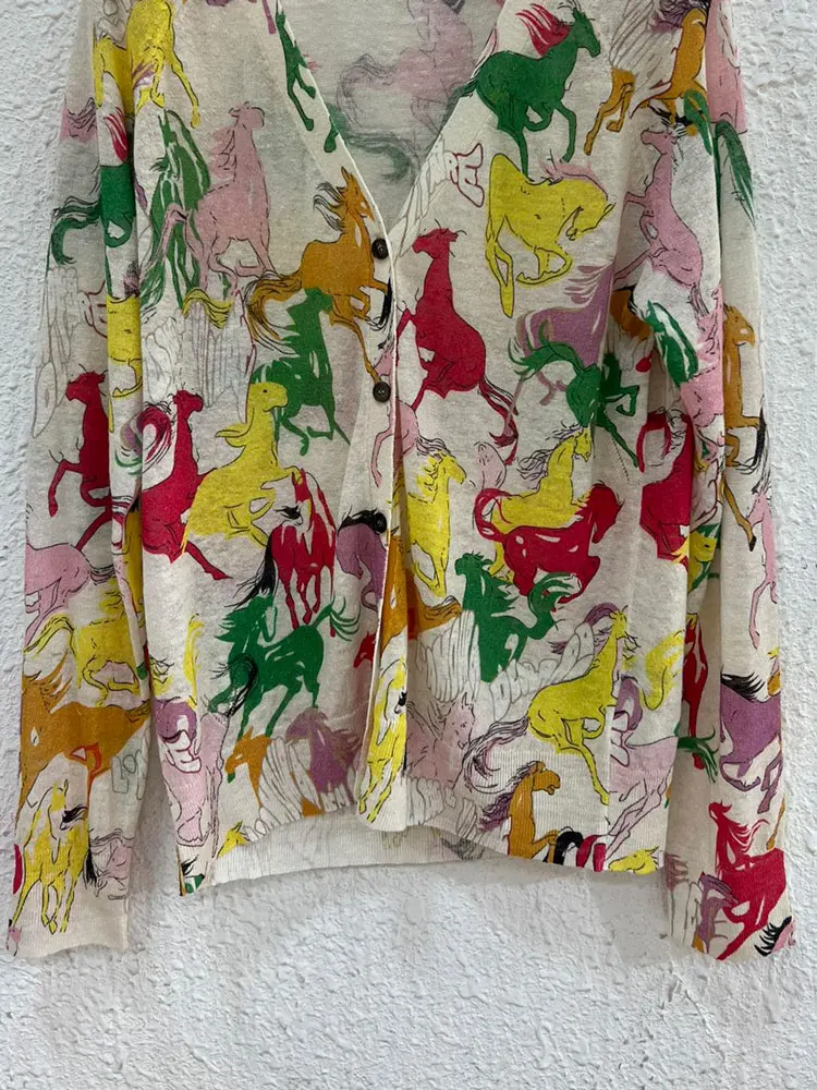 

2023 Early Spring New Animal Print Linen V-neck Cardigan Women Sweaters