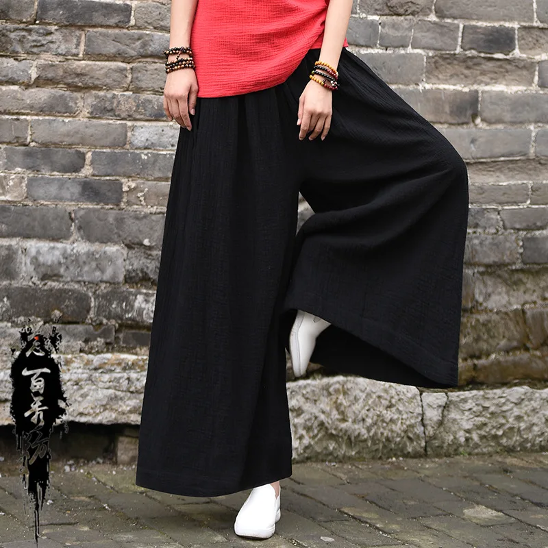 

Spring Cotton Linen Women Wide Leg Pants Vintage Long Loose Skirt Pants Black Elastic Waist Ethnic Chinese Traditional Clothing