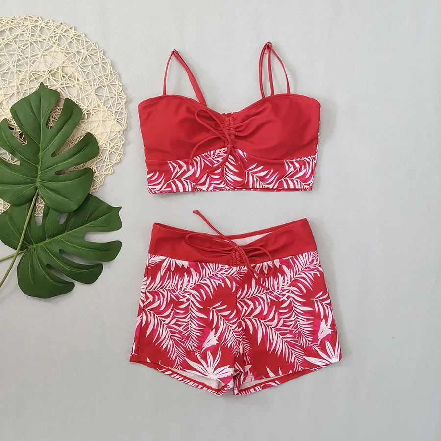 Сексуальный жилет с принтом листьев на шнурке комплекты бикини и шорт купальники