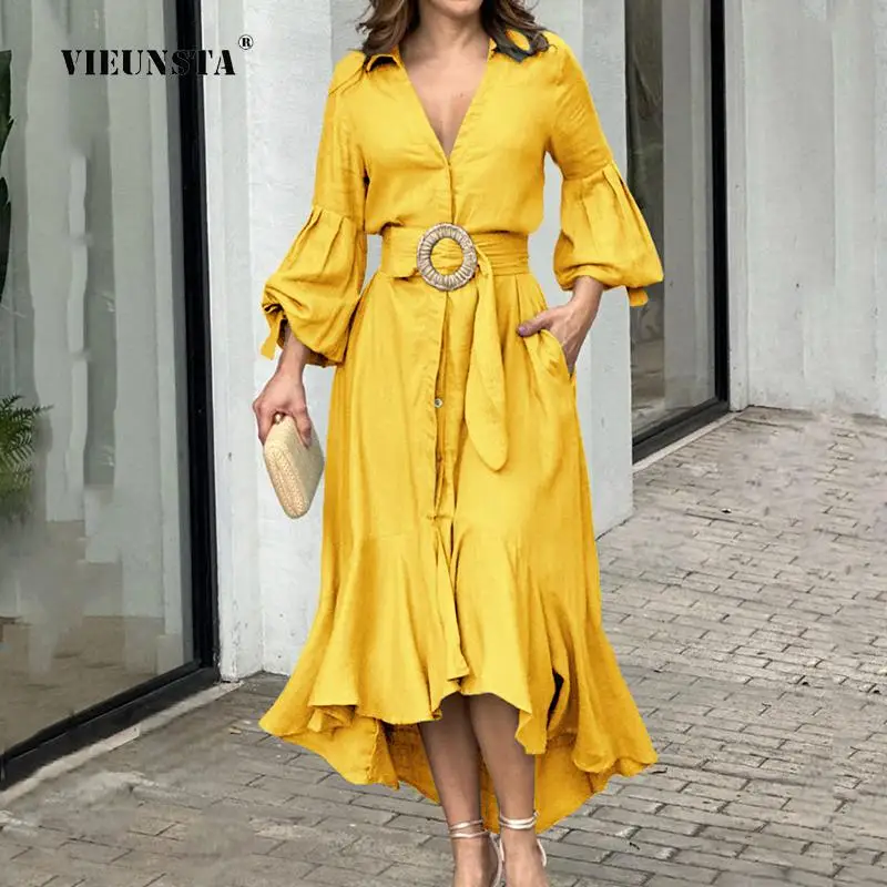

Sexy Buttoned Women Party Dresses Ladies High Street Flare Sleeve Belted Shirt Dress Fashion Women V-Neck Slim Ruffle Long Dress