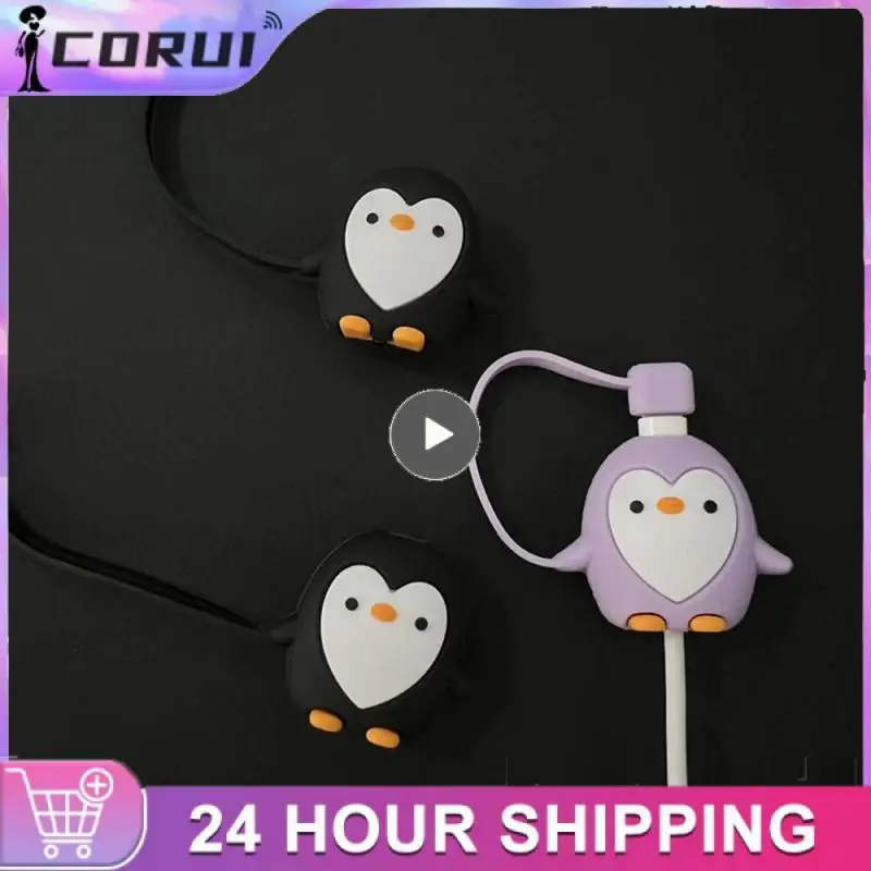 

Black Dust-proof Winder Anti-break Cartoon Protective Case Winding Charging Cable Case Mobile Phone Parts Cartoon Penguin Case
