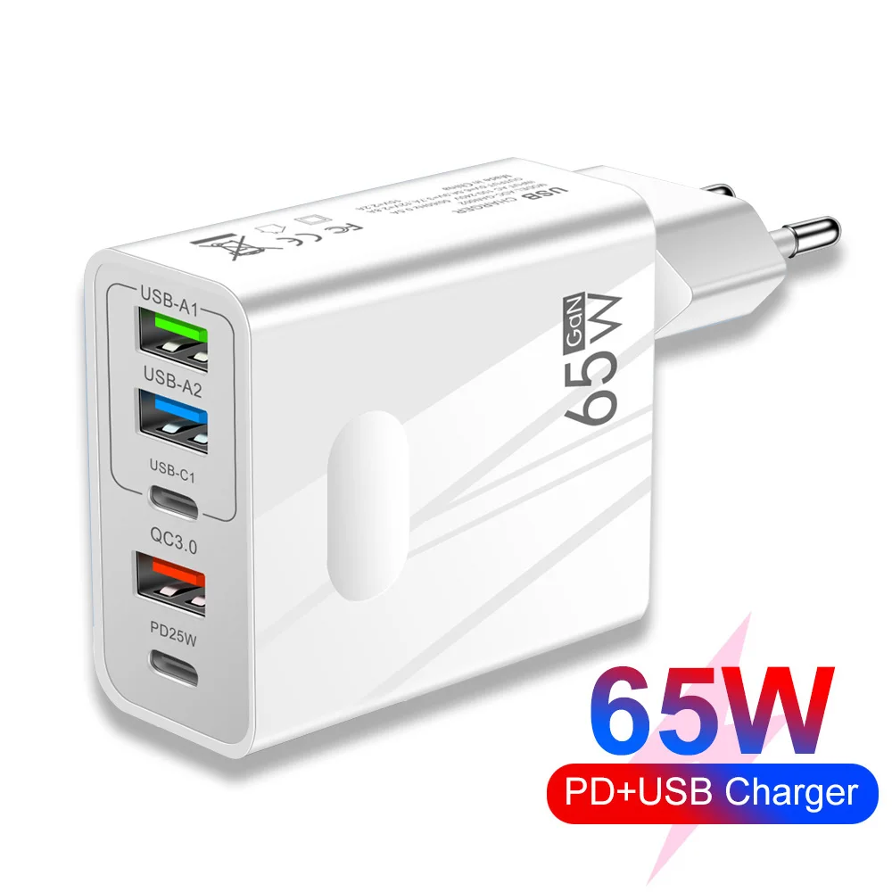

5 Ports USB C Charger 65W GaN Charger PD Type C Fast Charging QC 3.0 Power Adapter For iPhone 14 13 Xiaomi Samsung Wall Chargers