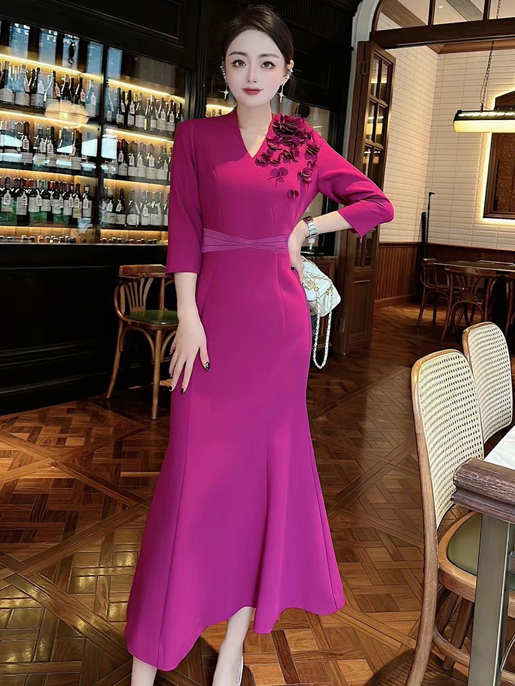 

ZJYT Elegant Luxury Designer 3D Floral Appliques Long Wedding Party Dresses for Women Mermaid Evening Gown Autumn V Neck Vestido