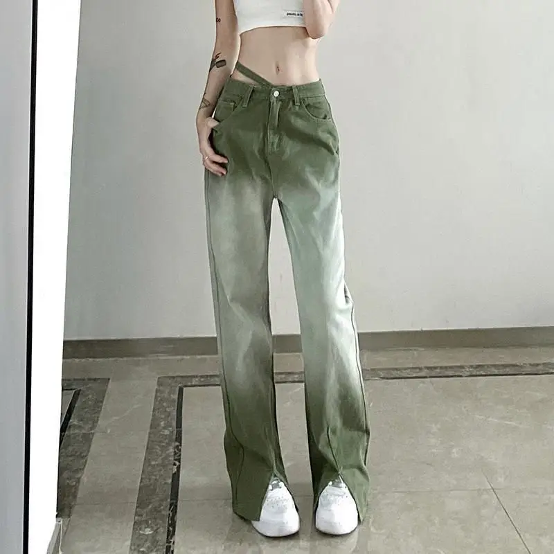 

Retro jeans female high street pine green gradient asymmetric sexy high waist design jeans women high waist loose slit trousers