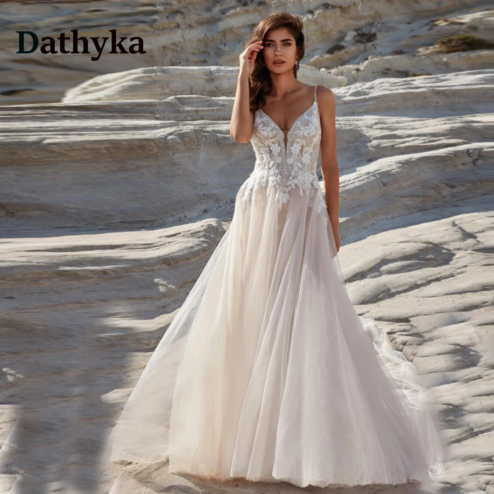 

Dathyka Pastrol Spaghetti Strap Wedding Gowns for Women Appliques Sleeveless V-neckline Open Back Vestidos De Noiva Para Mariage