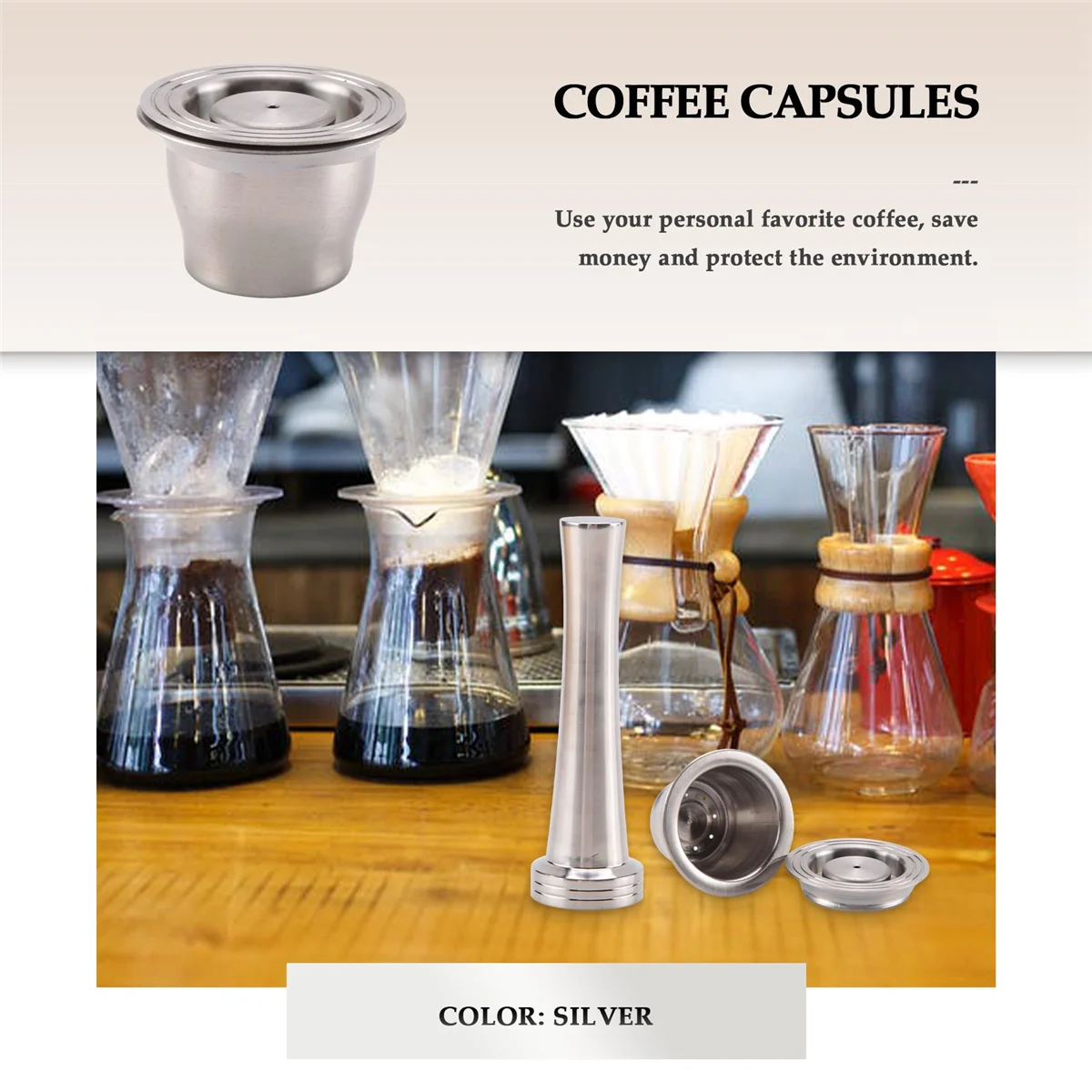 

Capsules Reusable, Stainless Steel, 3 Pieces Refillable Pads for Nespresso + 1 Tamper + 1 Spoon + 1 Brush