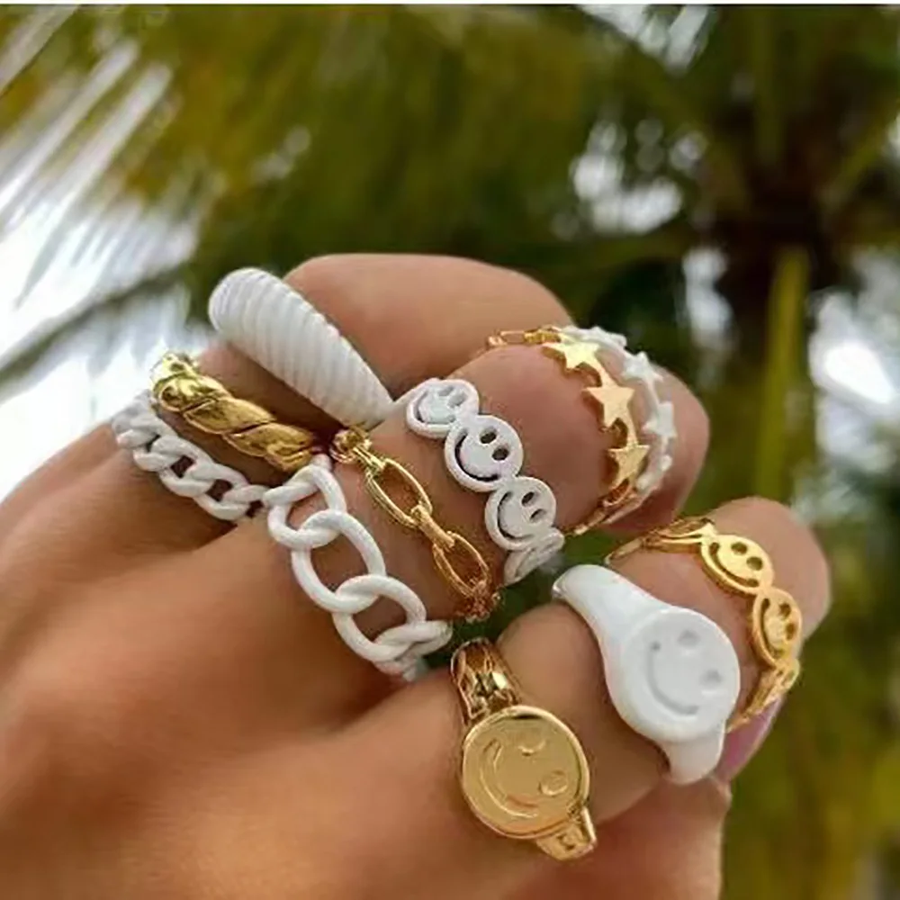 

Ins Style Colorful Love Rings Link Chain Ring Stars Happy Face Rings Set for Women Cute Finger Rings for Girls Jewelry Gifts