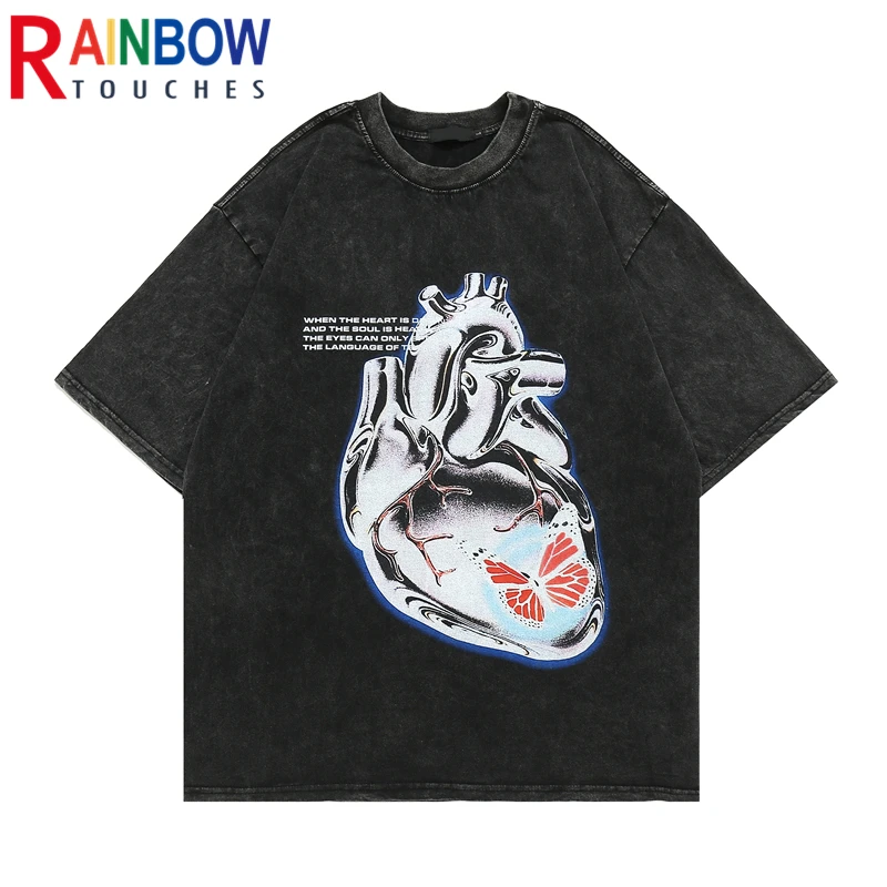 

Rainbowtouches Washed T Shirt 2022 Vintage Unisex High Street Heart Pattern Oversize Street Fashion Mens Graphic Black T-Shirts