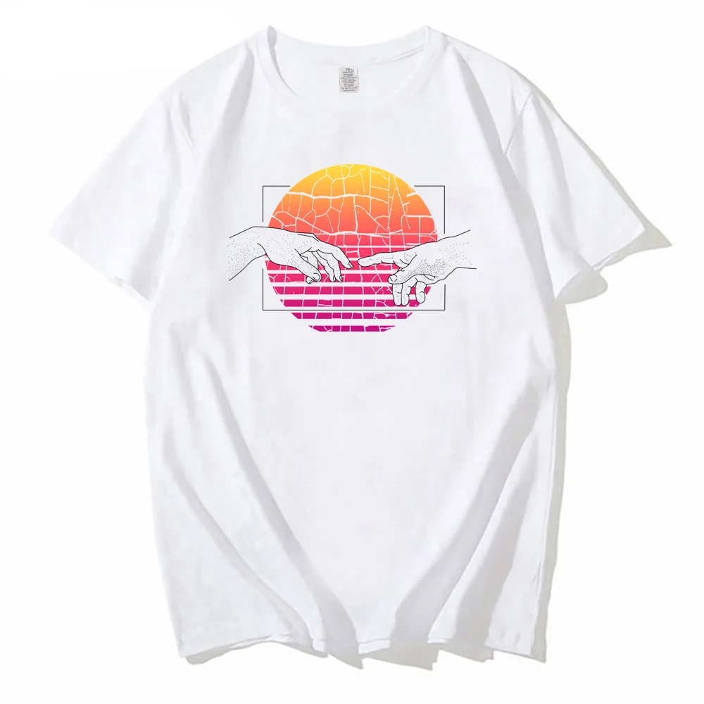 

Summer Fashion Men's oversized Tshirt 80s Cyber Punk Retro Sunset Creation of Adam von Michelangelo print Plus Size T-Shirt