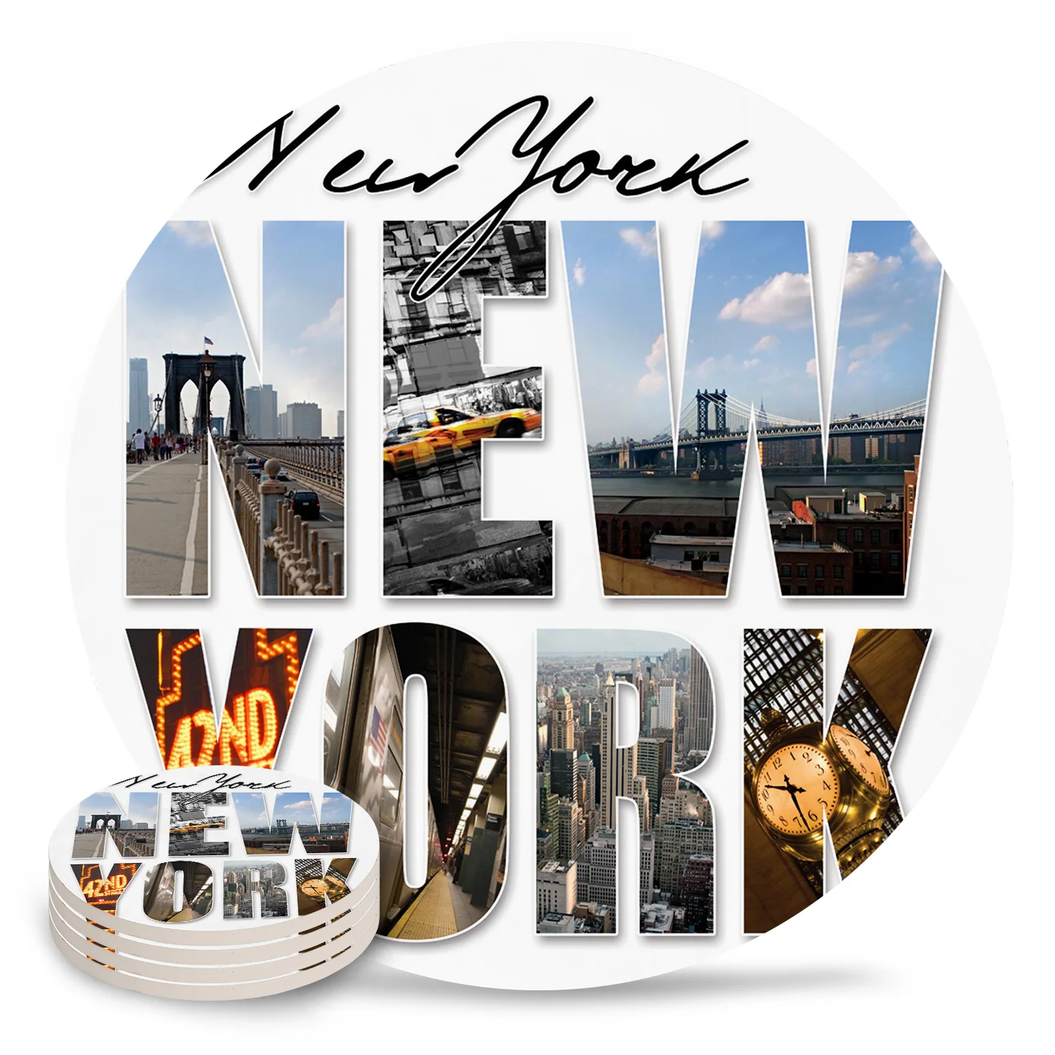 

New York English Text Landscape Ceramic Coaster Set Coffee Tea Cup Coasters Kitchen Accessories Round Placemat