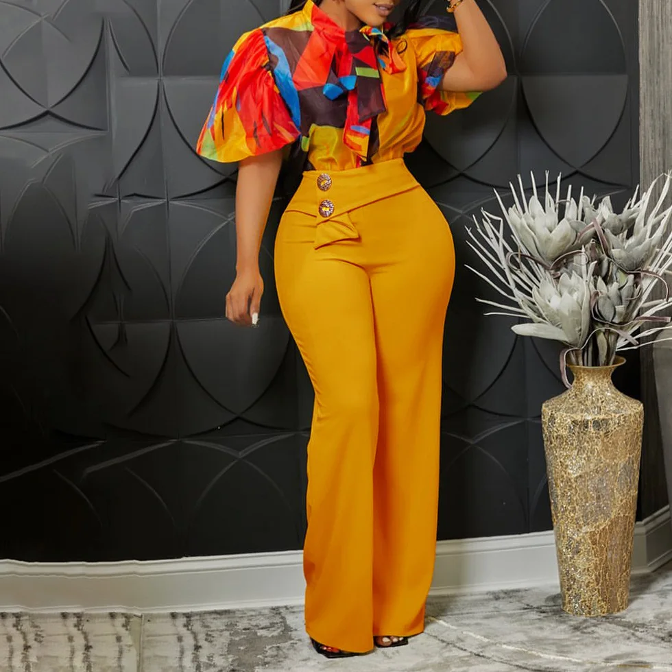Plus Size Matching Sets Women Print Blouse Shirts Tops And Straight Pants Female Fashion Tracksuits 2023 Summer Two Piece Sets