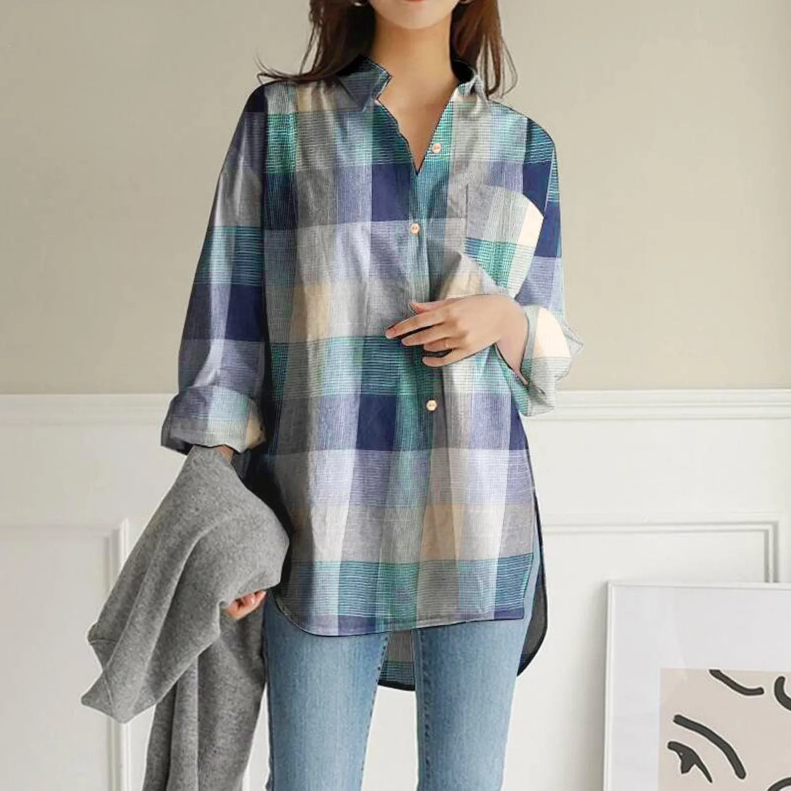 

Womens Lapel Long Sleeve Top V Neck Top Long Sleeve Tunic Plaid Print Top Hiking Shirts Women