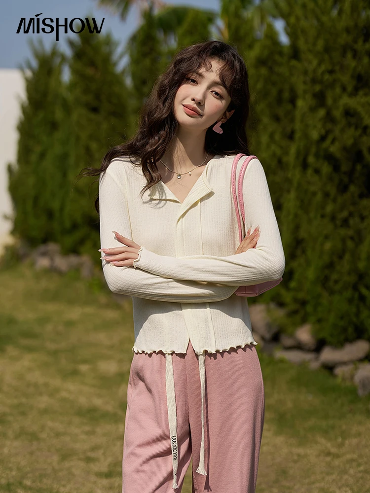 

MISHOW Knitted Tops for Women Spring 2023 Slim V-neck Solid Agaric Edge Cuff Casual Sweet Female Clothing Pullover MXC12Z1247