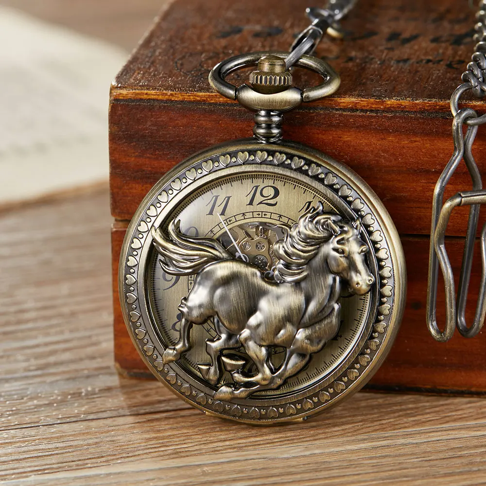 Vintage Hollow Deer Wolf Horse Skeleton Mechanical Pocket Watch Double Open Cover Fob Chain Men Steampunk Pendant Gifts Women