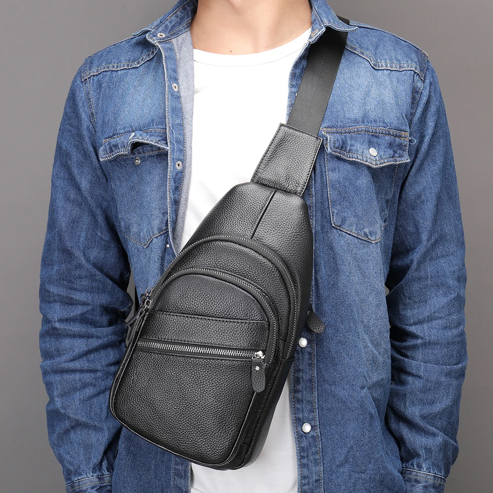 WESTAL Leather Sling Bag Men's Side Bags Casual Sport Chest Pack Genuine Leather Shoulder Bags Black Travel Chest Bag 1808 images - 6