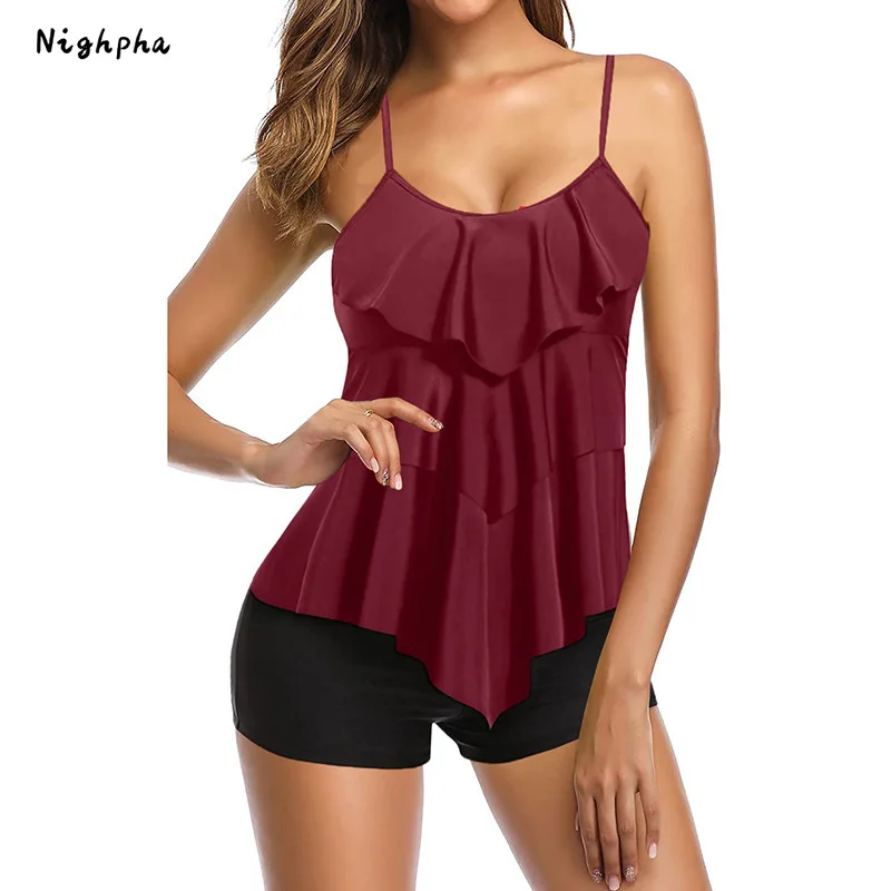 

2022 New Solid Modest Tankini Swimsuits for Women Two Piece Bathing Suits Tummy Control Swimwear Top with Boyshort