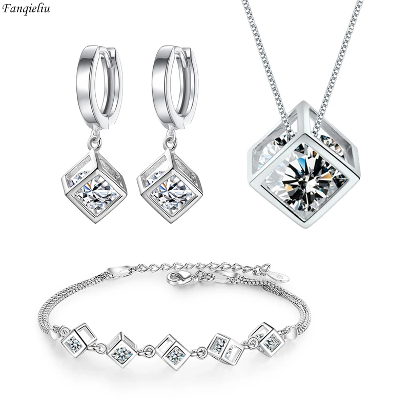 

Fanqieliu Stamp 925 Silver Needle Drop Earrings Square Crystal Pendant Necklace Extend Bracelet For Women Jewelry Sets FQL22087