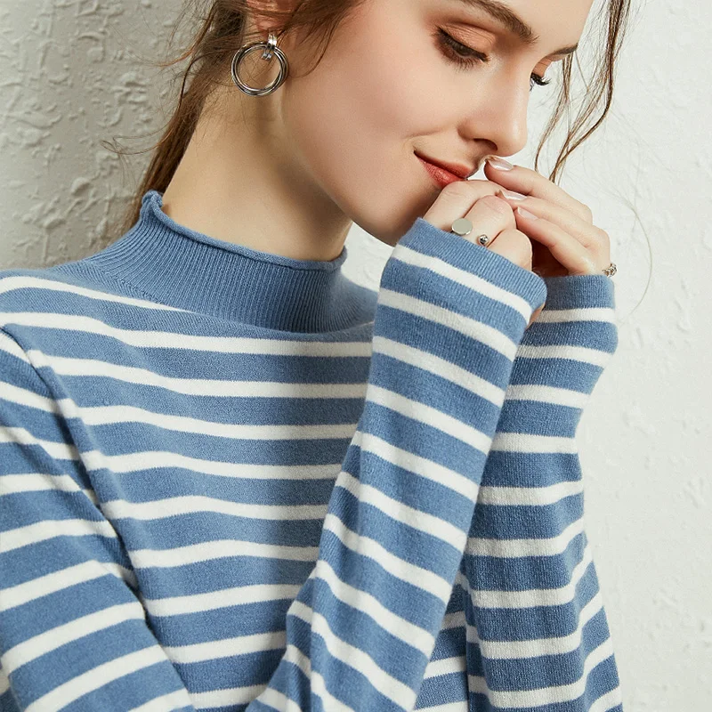 

Свитер с длинными рукавами в полоску, женский короткий пуловер с полувысоким воротом, свитер на осень и зиму, новый теплый свитер, женский св...