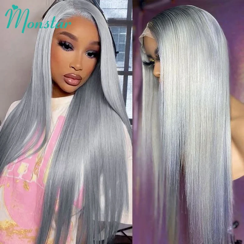 Серые парики фронта шнурка Человеческие волосы Серебристый прямой парик