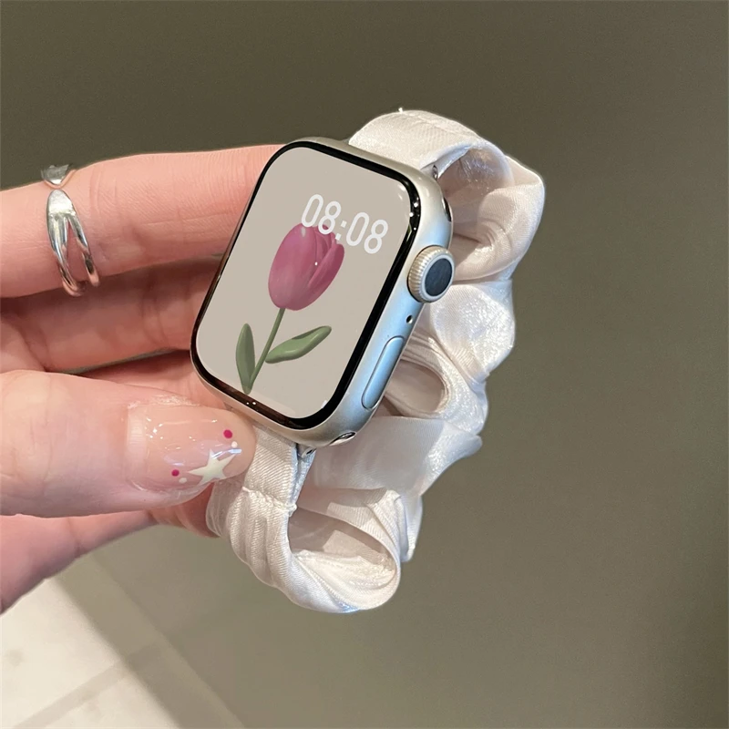 

INS Chiffon Ice Silk Elastic Scrunchie Strap For Apple Watch 7 8 6 5 4 Slim Girl Band Loop Bracelet For iWatch 41mm 40 44 49 45