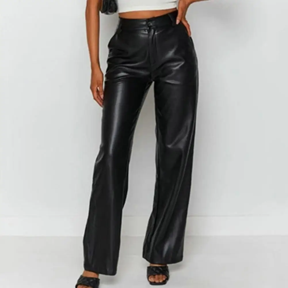 Women Leather Pants High Waist Straight Slimming Side Pockets Solid Color Casual Party Fall Trousers Spring Autumn