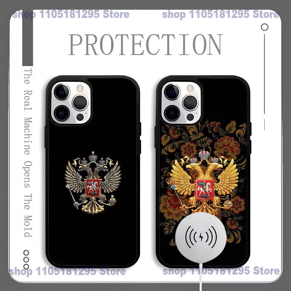 Фото Чехол для телефона с национальным гербом России для iPhone 17,16,15,14,13,12,11,Pro,Max,Plus,Mini,SE4,E Magsafe с беспроводной зарядкой №1
