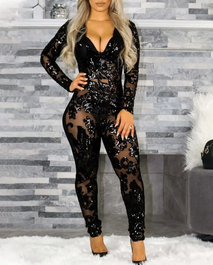 Autumn New Women's Jumpsuit Sexy Contrast Sequins Drop Neck V-Neck Transparent Mesh Jumpsuit Black Tight Long Sleeve One Piece