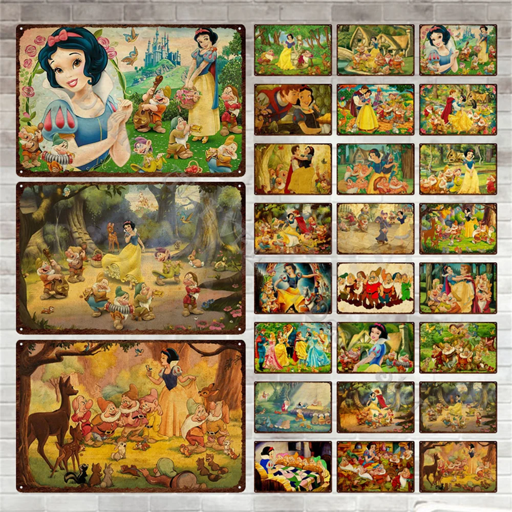 Snow White and The Seven Dwarfs Vintage Metal Sign Disney Cartoon Poster Tin Plate Bar Shop Door Plaque Wall Sticker Decor
