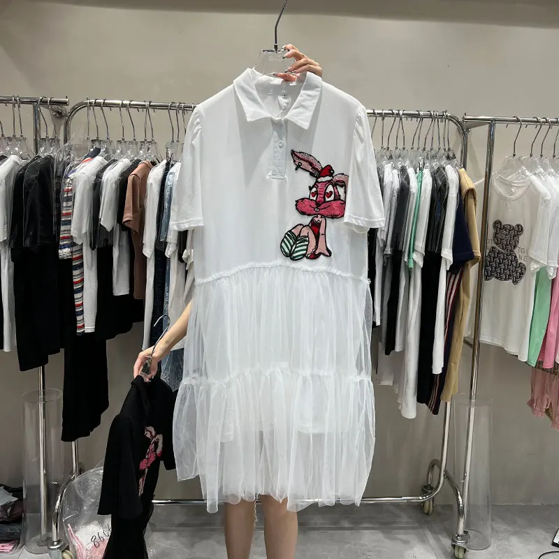 

2022 New Summer Cute Age Reduction Tops Women Cartoon Embroidery Turn-down Collar Mesh Patchwork A-line Short Sleeve Fairy Dress