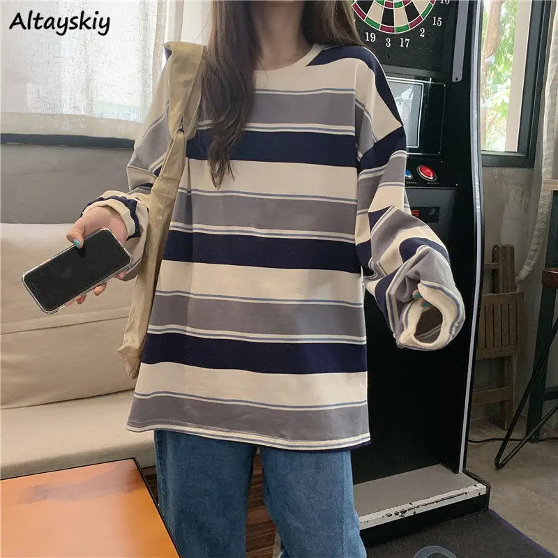 

Sweatshirts Women Striped College Loose Korean Style Trendy All-match Young Lovely Tender Leisure BF Ins Street Wear New O-neck