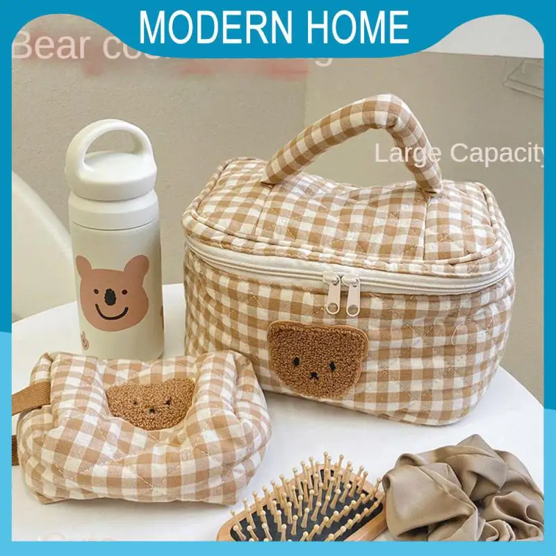 

Portable Makeup Bag Checkerboard Lattice Household Makeup Pouch Multifunctional Women Pen Bag 2023 Cute Bear Cosmetic Box