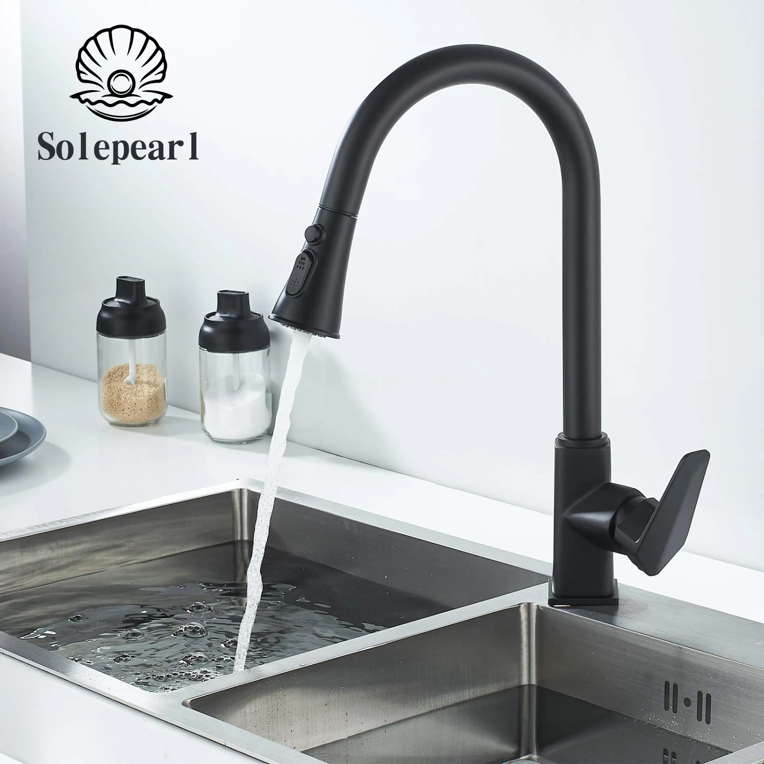 Free Shipping Solepearl Black Pull Out Kitchen Sink Faucet Deck Mounted Stream Sprayer Kitchen Mixer Tap Kitchen Hot Cold Tap
