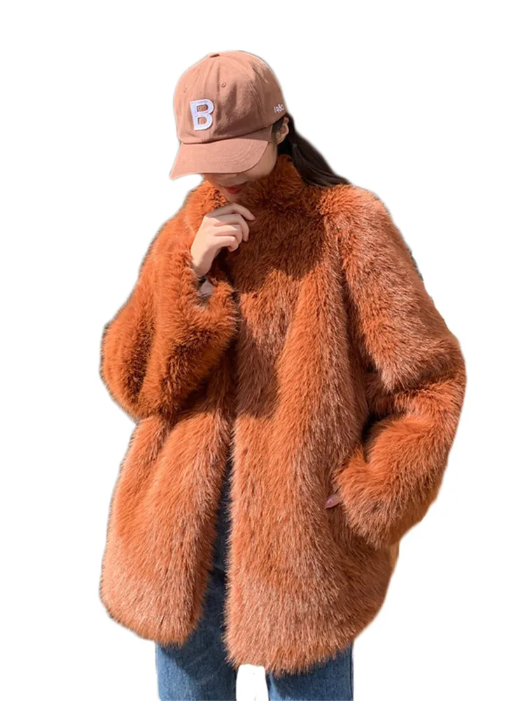 Winter Women's Clothes Plush Warm Fur Coat Female Caramel Faux Fur Jacket Korean Fashion Mid-length Imitation Fur Coat LR2339