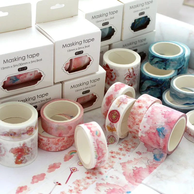 

3Pcs/Box Washi Tapes Sakura Starry Sky Masking Tape Sticky Scrapbooking Adhesive DIY Decorative Kawaii Stationery School Supply