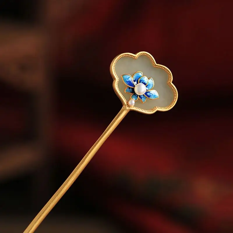 

Silver inlay Natural Hotan Jade Ruyi flower pearl hair jewelry retro style high-end tiara exquisite classics hanfu accessories