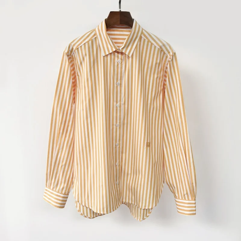 Mid-length Cotton-dyed Cotton Basic Striped Shirt
