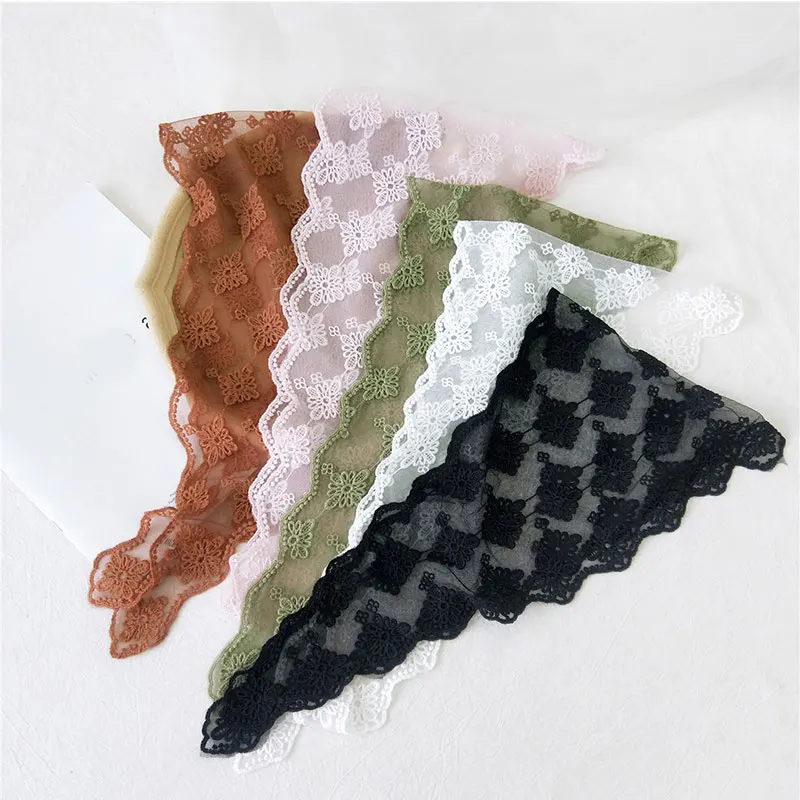 Lace Floral Print Women Silk Scarf Embroidered Triangle Transparent Wrap Shawl Head Long Hair Scarves Bandana Small |